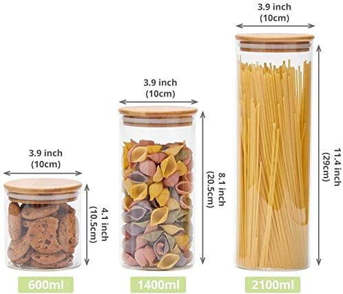 Conjunto de recipientes empilháveis de cozinha, pacote com 5 potes de armazenamento de alimentos de vidro transparente com tampa hermética de bambu para doces, biscoitos, arroz,