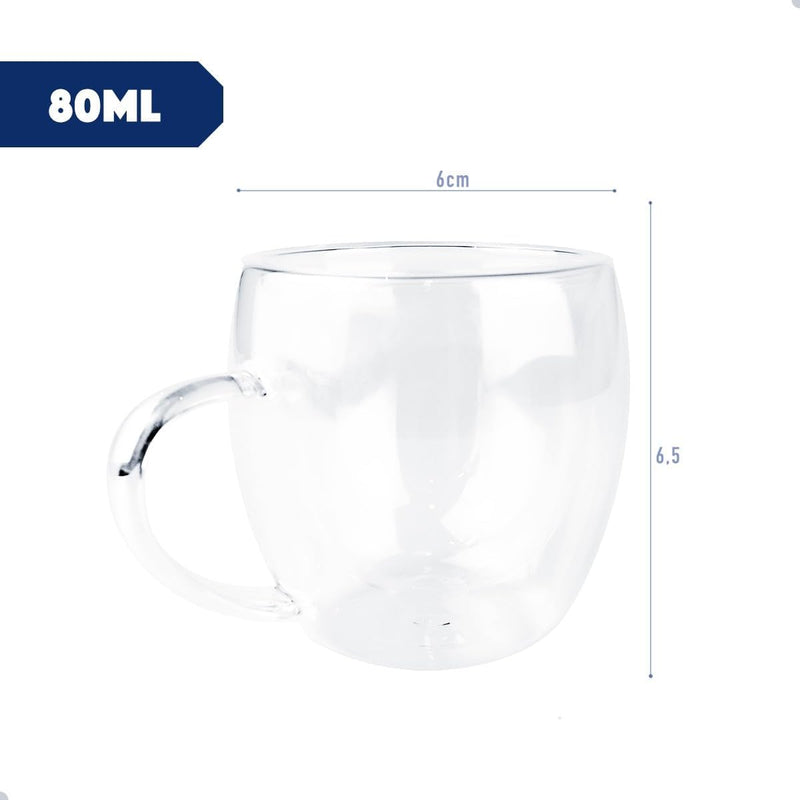 CONJUNTO 4 XICARAS DE CAFÉ 80ML EM BOROSSILICATO DE PAREDE DUPLA COM 4 PIRES DE BAMBÚ ECOLÓGICO