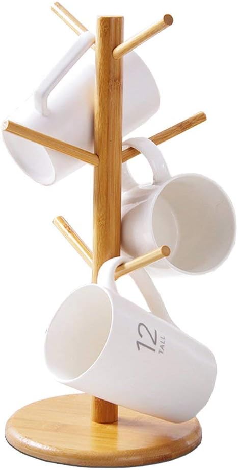 Suporte de caneca, suporte de xícara de café, árvore de caneca de bambu para balcão, secadora de canecas de café com 6 ganchos