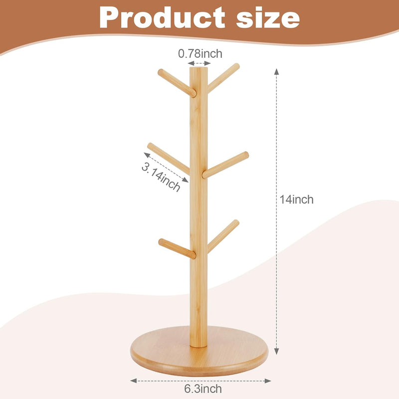 Suporte de caneca de bambu, 6 ganchos para canecas de café, suporte decorativo para balcão, caneca de café antiderrapante, árvore