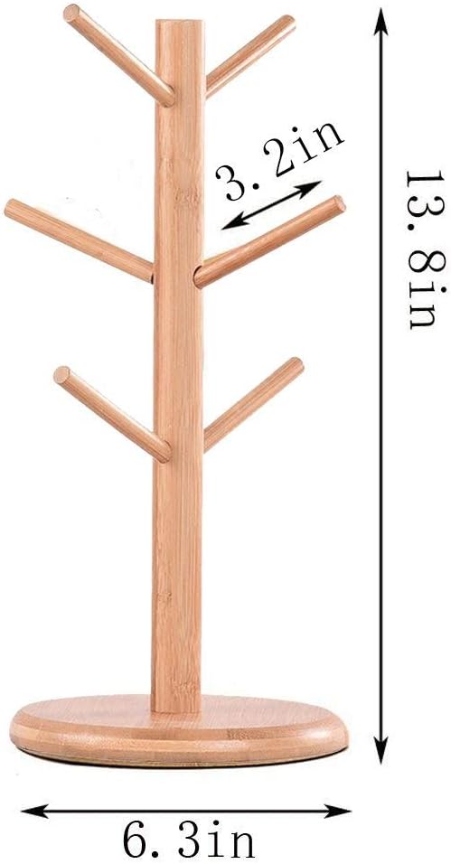 Suporte de caneca, suporte de xícara de café, árvore de caneca de bambu para balcão, secadora de canecas de café com 6 ganchos