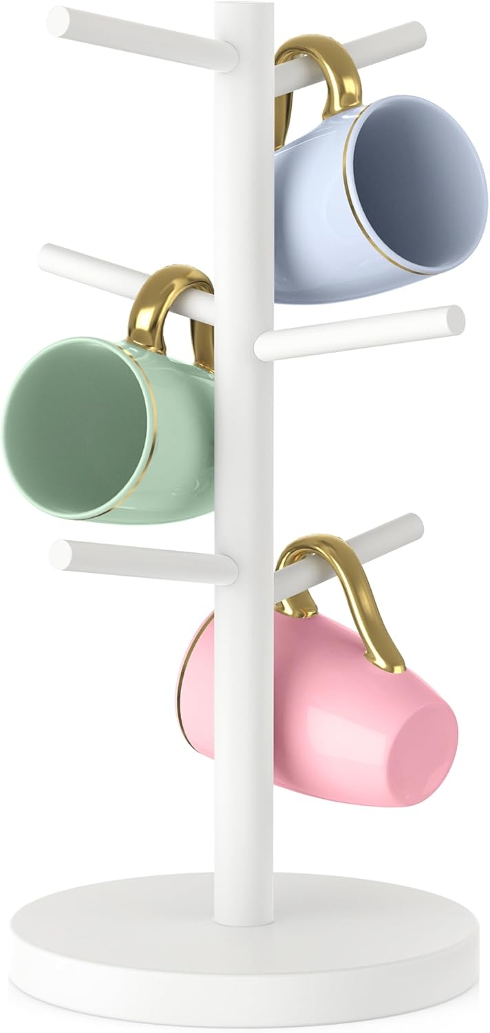 Wisuce Suporte de caneca de café de bambu, base mais grossa, suporte para copo de café, suporte para balcão, suporte para canecas com 6 ganchos (natural)