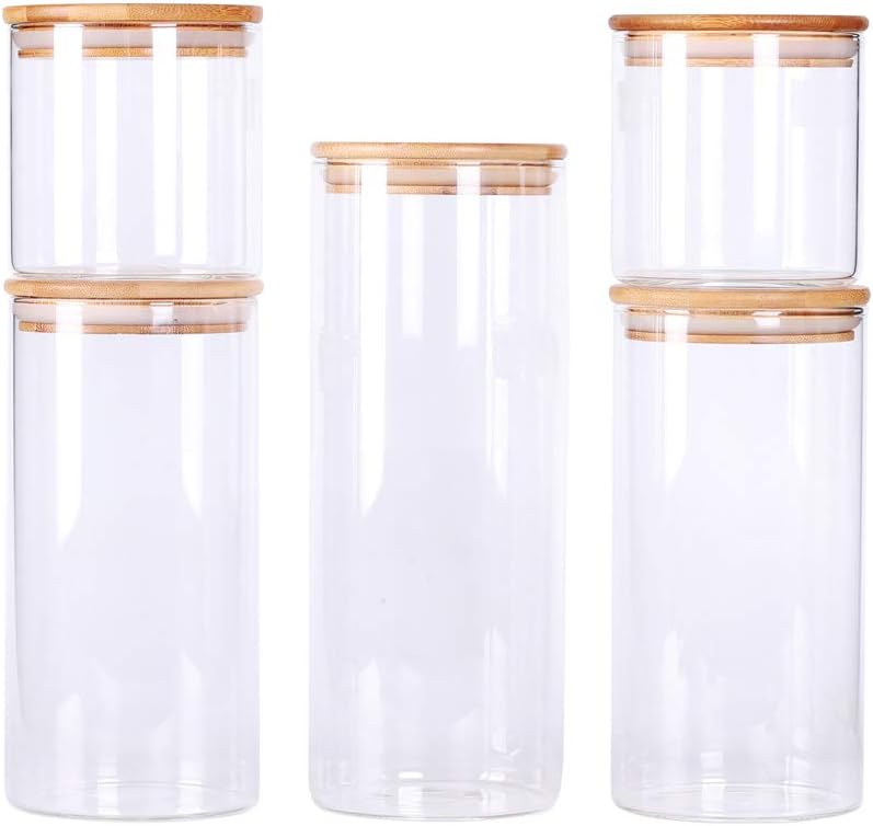 Conjunto de recipientes empilháveis de cozinha, pacote com 5 potes de armazenamento de alimentos de vidro transparente com tampa hermética de bambu para doces, biscoitos, arroz,