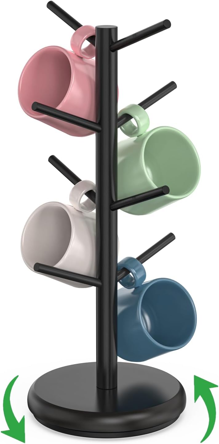 BAMBANG Suporte de caneca de árvore, rotação de 360°, 8 ganchos, suporte de copo de café para bancada, suporte de bambu para cozinha, bancada, casa, natural