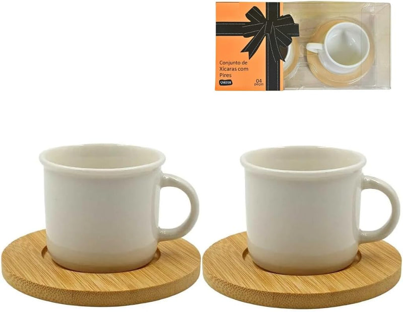 Conjunto de 2 Xícaras de Porcelana Pires de Bambu 80ml