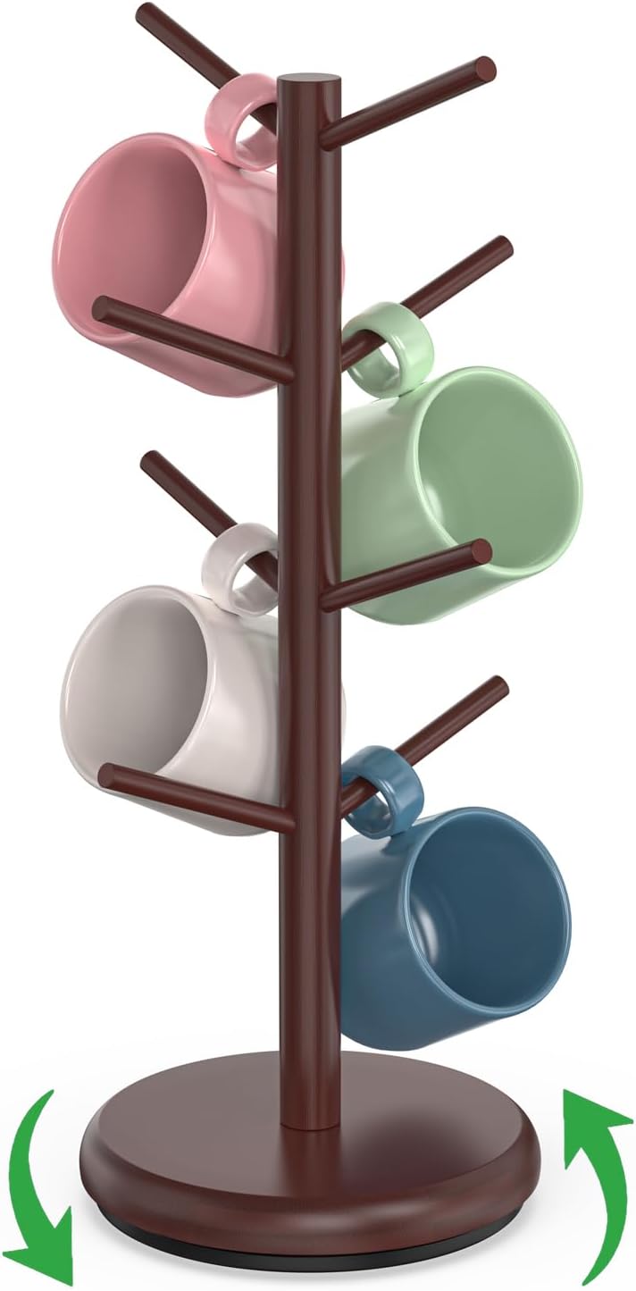 BAMBANG Suporte de caneca de árvore, rotação de 360°, 8 ganchos, suporte de copo de café para bancada, suporte de bambu para cozinha, bancada, casa, natural