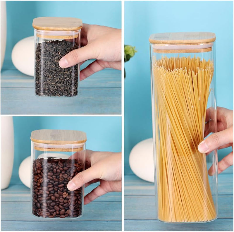 Conjunto de recipientes empilháveis de cozinha, pacote com 5 potes de armazenamento de alimentos de vidro transparente com tampa hermética de bambu para doces, biscoitos, arroz,