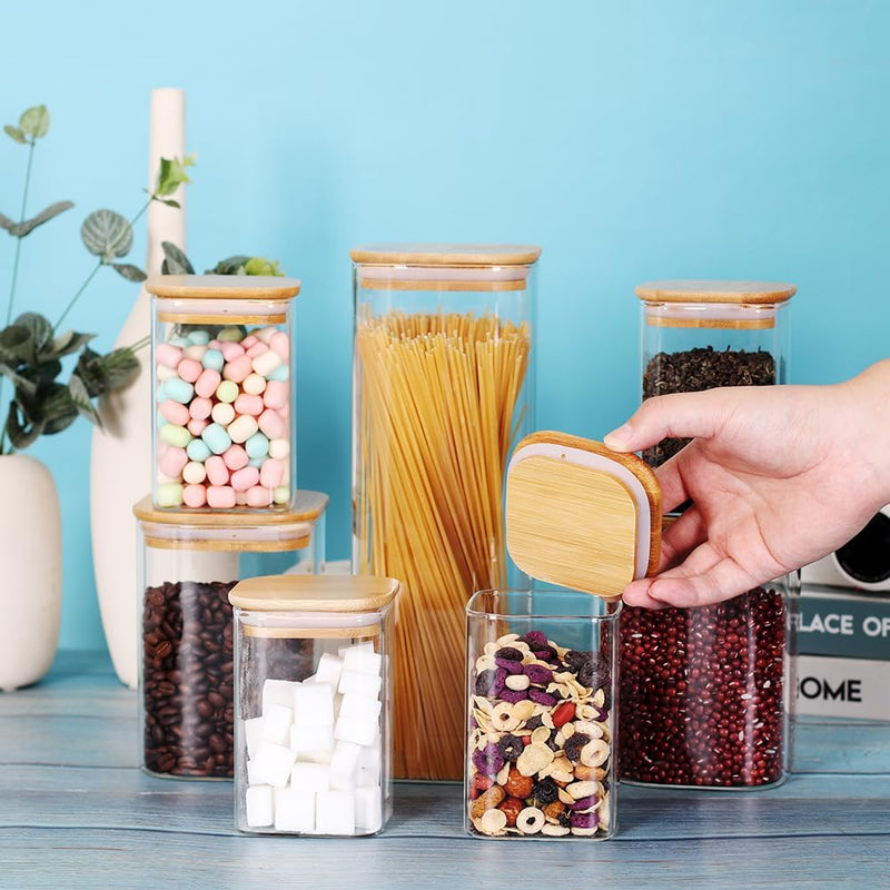 Conjunto de recipientes empilháveis de cozinha, pacote com 5 potes de armazenamento de alimentos de vidro transparente com tampa hermética de bambu para doces, biscoitos, arroz,