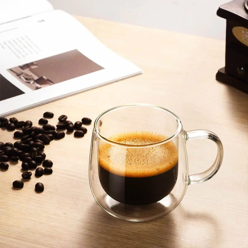 CONJUNTO 4 XICARAS DE CAFÉ 80ML EM BOROSSILICATO DE PAREDE DUPLA COM 4 PIRES DE BAMBÚ ECOLÓGICO