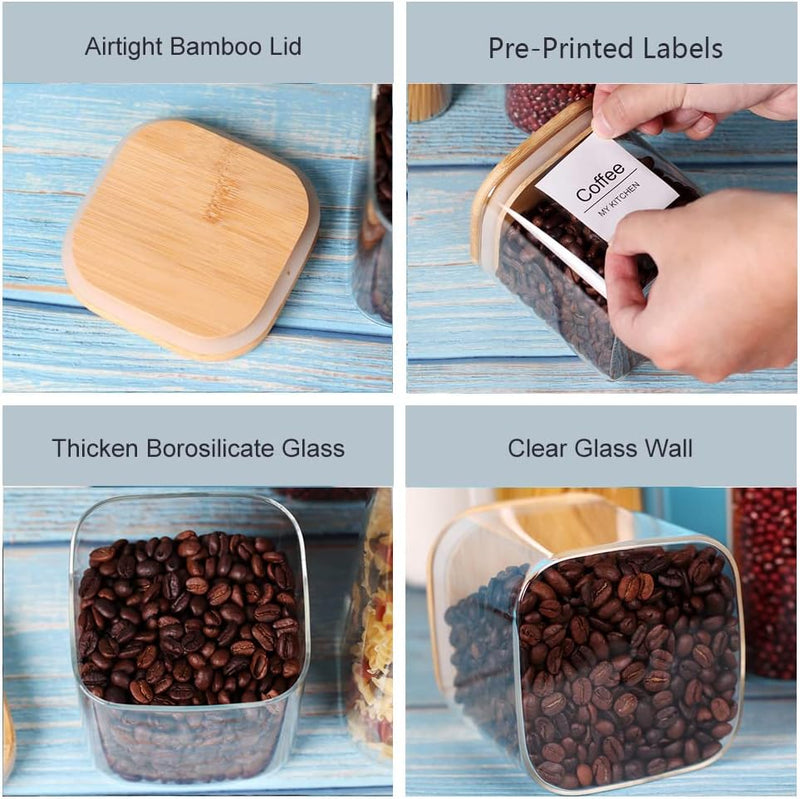Conjunto de recipientes empilháveis de cozinha, pacote com 5 potes de armazenamento de alimentos de vidro transparente com tampa hermética de bambu para doces, biscoitos, arroz,