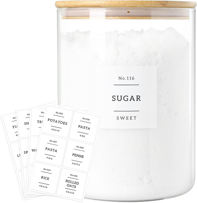 Pacote com 5 frascos de vidro com tampas herméticas de bambu - Recipientes empilháveis de armazenamento de alimentos com 132 etiquetas de despensa - com tampa de madeira para doces,