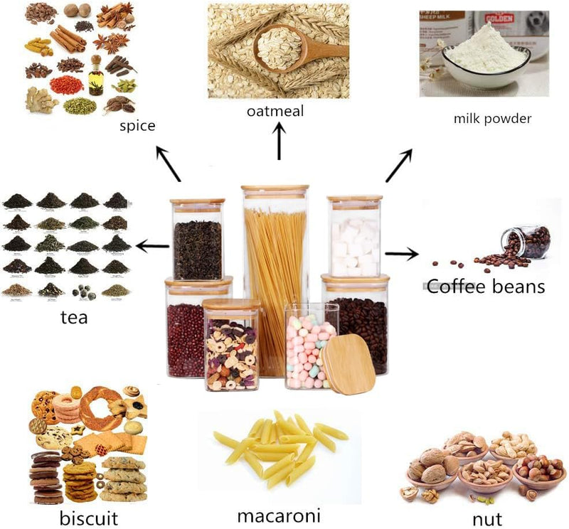 Conjunto de recipientes empilháveis de cozinha, pacote com 5 potes de armazenamento de alimentos de vidro transparente com tampa hermética de bambu para doces, biscoitos, arroz,