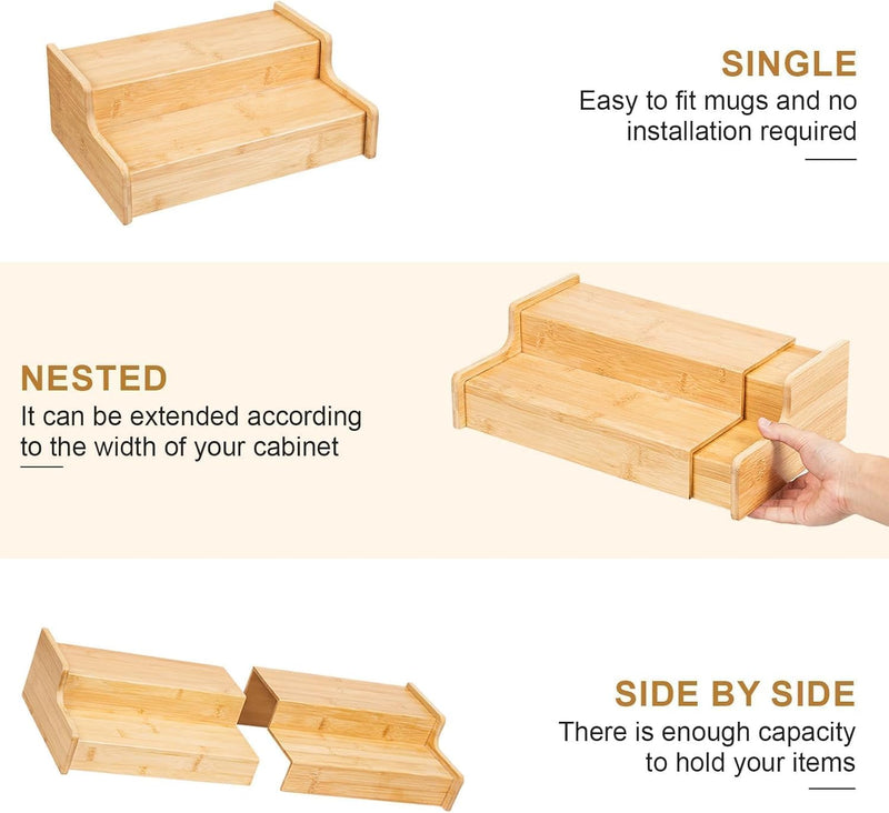 Suporte de caneca de café expansível de 2 camadas, organizador de canecas para armários de cozinha, suporte de caneca de bambu, prateleira multifuncional para copos, organizador de cafés