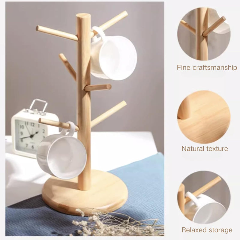 Suporte de caneca, suporte de xícara de café, árvore de caneca de bambu para balcão, secadora de canecas de café com 6 ganchos