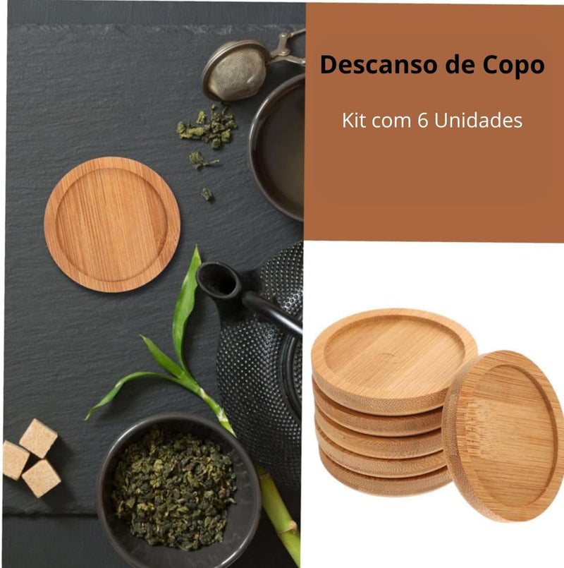 Kit 6 Porta Copos Descanso de Copos de Bambu 10x10 Premium