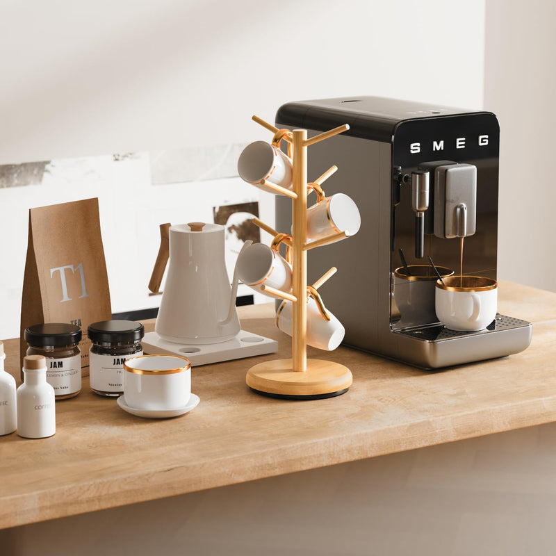 BAMBANG Suporte de caneca de árvore, rotação de 360°, 8 ganchos, suporte de copo de café para bancada, suporte de bambu para cozinha, bancada, casa, natural