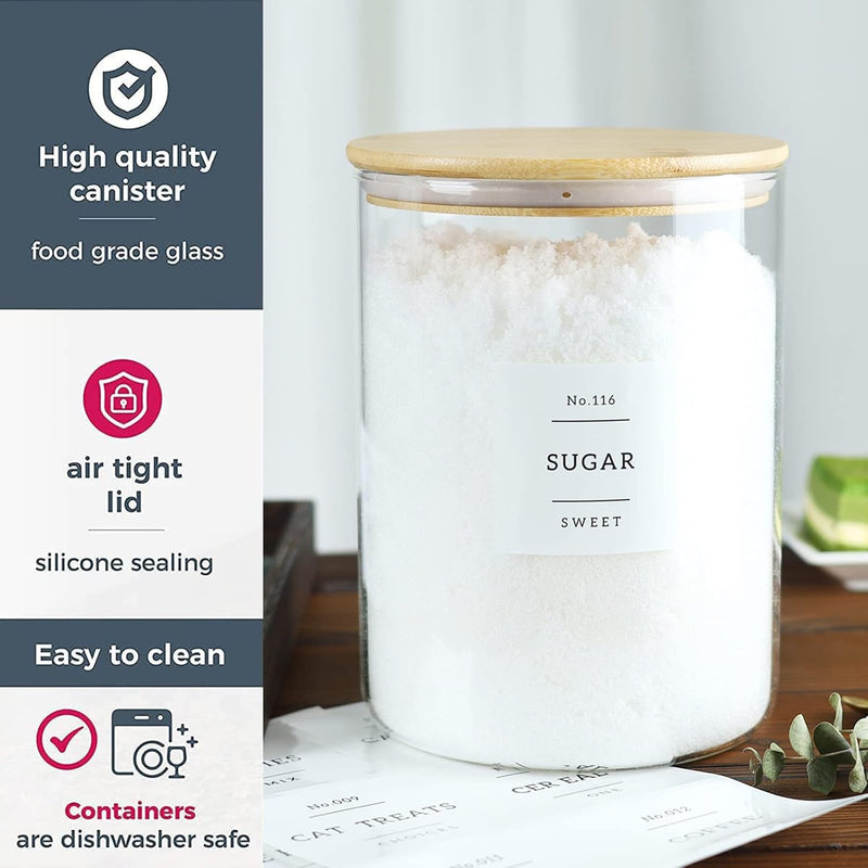 Pacote com 5 frascos de vidro com tampas herméticas de bambu - Recipientes empilháveis de armazenamento de alimentos com 132 etiquetas de despensa - com tampa de madeira para doces,