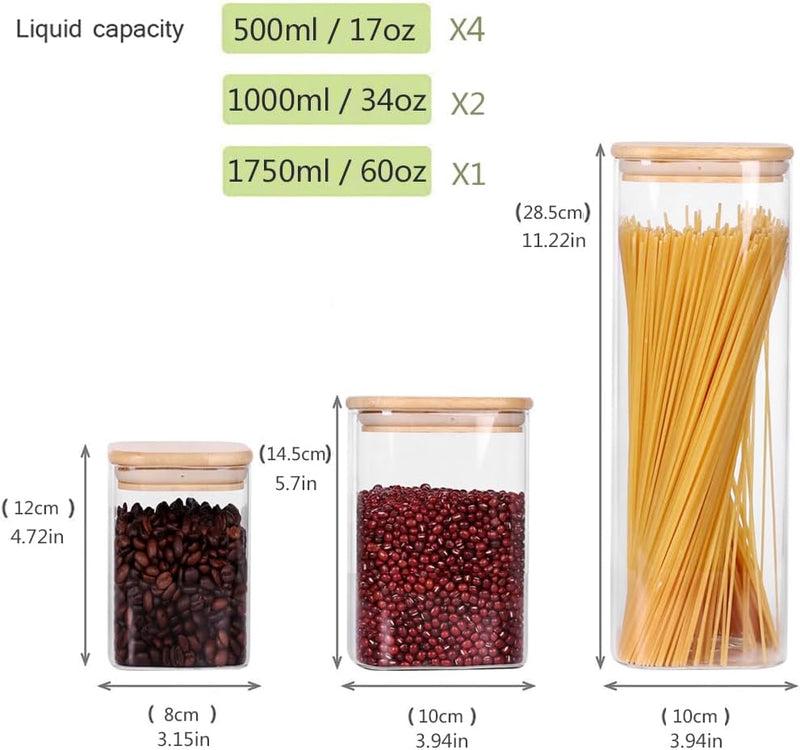 Conjunto de recipientes empilháveis de cozinha, pacote com 5 potes de armazenamento de alimentos de vidro transparente com tampa hermética de bambu para doces, biscoitos, arroz,