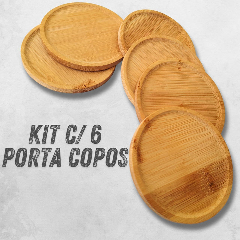 Kit 6 Porta Copo Para Mesa de Bambu Redondo Pires de Madeira 10 cm Lavável