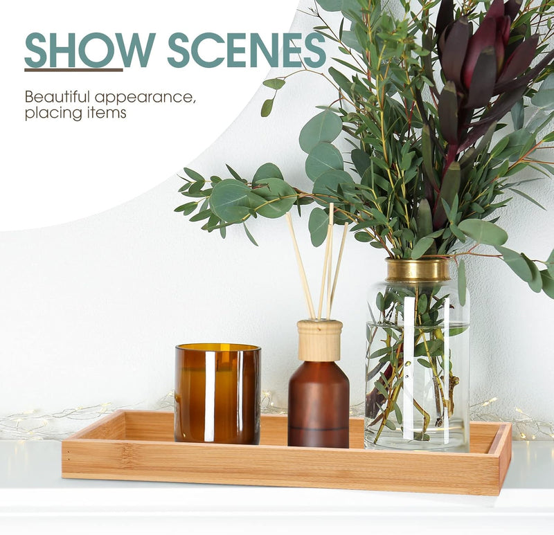 Bamboo Tea Serving Tray 3 Pcs Decorative Multi Use Bathroom Counter Tray with Edges Bamboo Vanity for Dresser Food Coffee Tea Snack Tissues Candles, 11 x 4 Inch(Rectangle Style)