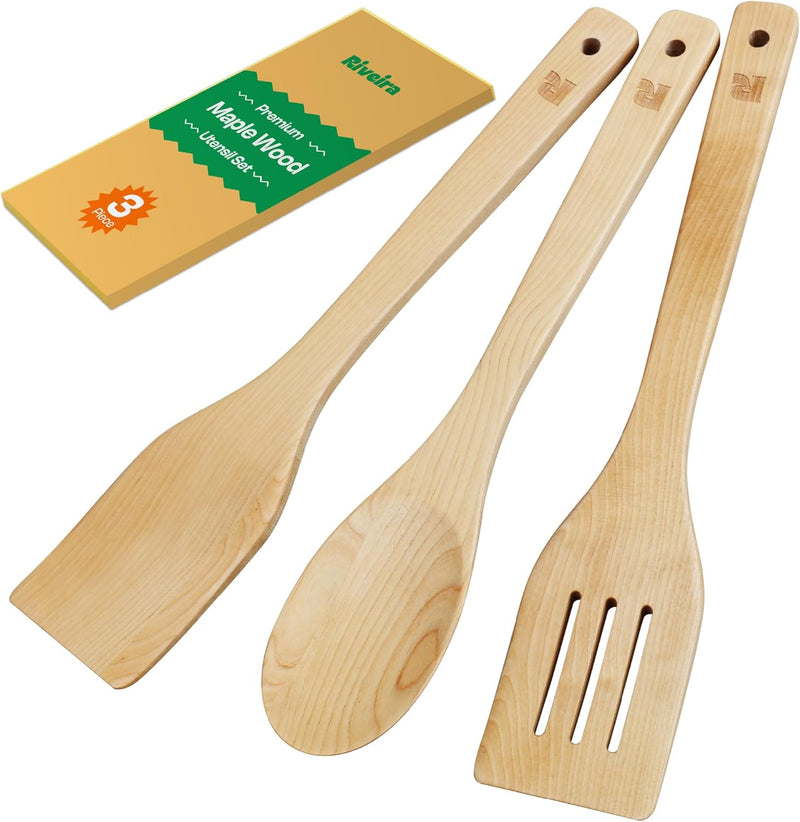 Riveira Colheres de cozinha de bambu com 6 peças – Conjunto de utensílios de cozinha de madeira com colheres de madeira para cozinhar e espátulas, conjuntos de utensílios de madeira – Conjunto de