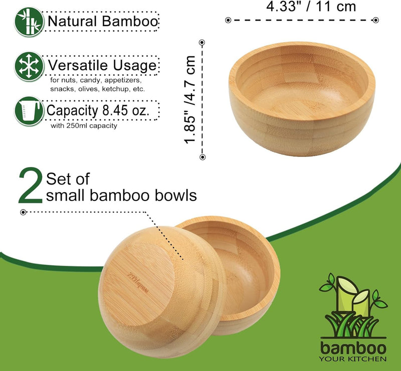 Conjunto de 2 tigelas de sopa para sobremesas/cereais/massas/frutas | Tigelas de servir de bambu natural para nozes/doces/lanches/pistache | Acessórios de charcutaria para