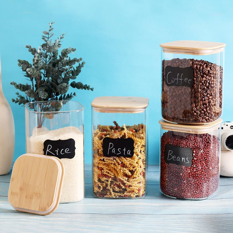 Conjunto de recipientes empilháveis de cozinha, pacote com 5 potes de armazenamento de alimentos de vidro transparente com tampa hermética de bambu para doces, biscoitos, arroz,