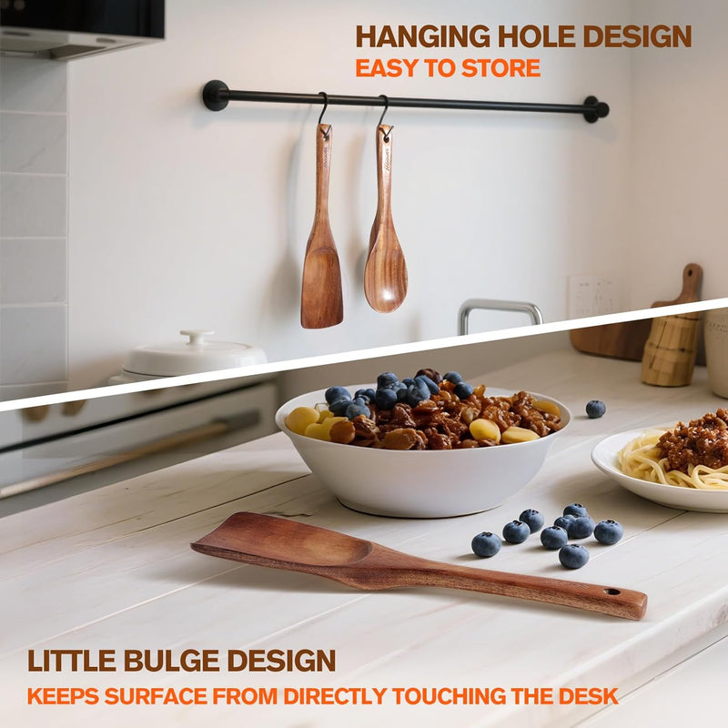 Conjunto de utensílios de cozinha de madeira teca natural de 9 peças com descanso de colher - Suporte de colheres e utensílios de cozinha com aderência confortável