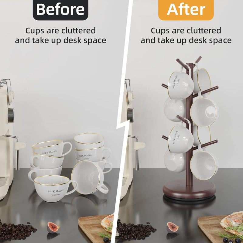 BAMBANG Suporte de caneca de árvore, rotação de 360°, 8 ganchos, suporte de copo de café para bancada, suporte de bambu para cozinha, bancada, casa, natural