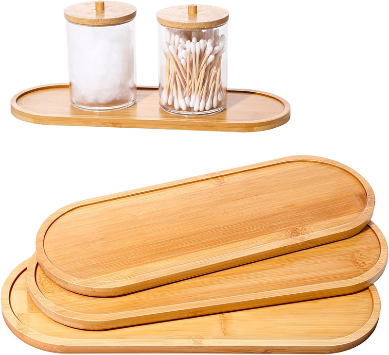 Bamboo Tea Serving Tray 3 Pcs Decorative Multi Use Bathroom Counter Tray with Edges Bamboo Vanity for Dresser Food Coffee Tea Snack Tissues Candles, 11 x 4 Inch(Rectangle Style)