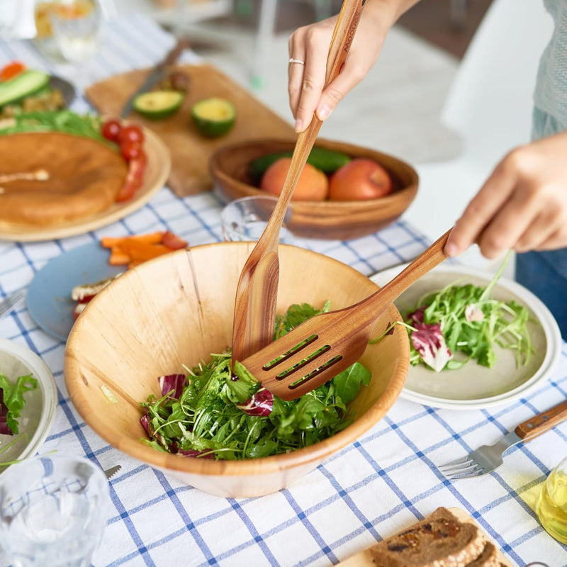Conjunto de utensílios de cozinha de madeira teca natural de 9 peças com descanso de colher - Suporte de colheres e utensílios de cozinha com aderência confortável