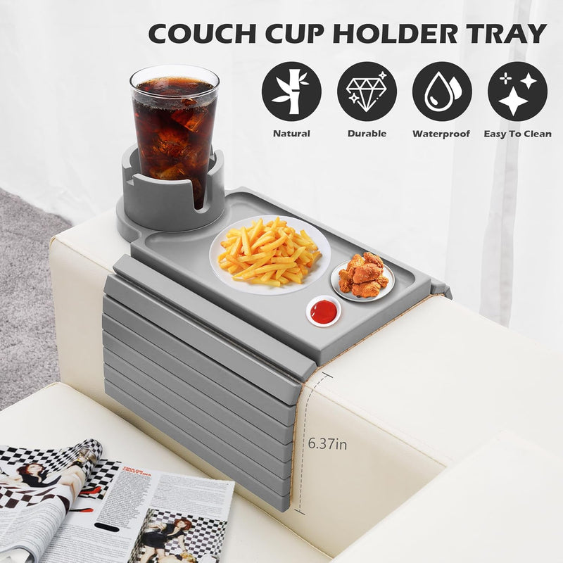 BAMBOOTRAY Bandeja de suporte de copo de sofá, mesa de braço de sofá 3 em 1, grande 48 x 33 cm, mesa lateral de bambu com clipe de sofá com suporte de copo de 360° para sofá, organizador