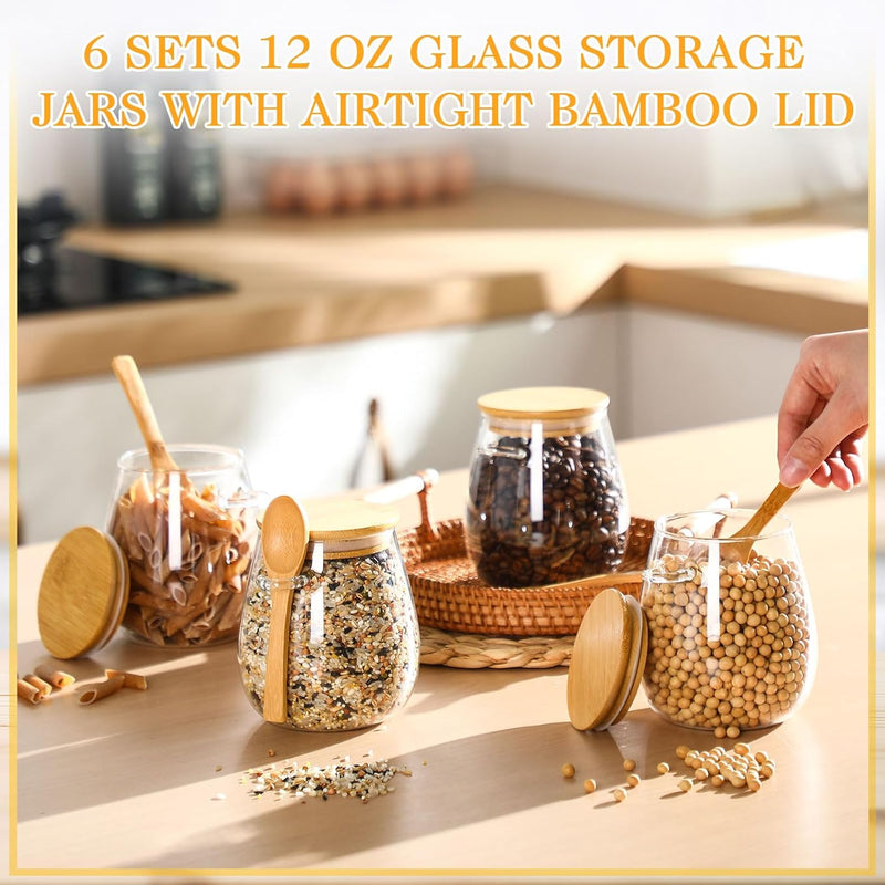 Pickmesh Set of 6 Airtight Glass Jars with Bamboo Lids and Spoons 20 oz Glass Storage Containers Jars Set for Kitchen Food Storage Sugar Chia Seeds Overnight Oats Spice Beans Coffee Dry Goods