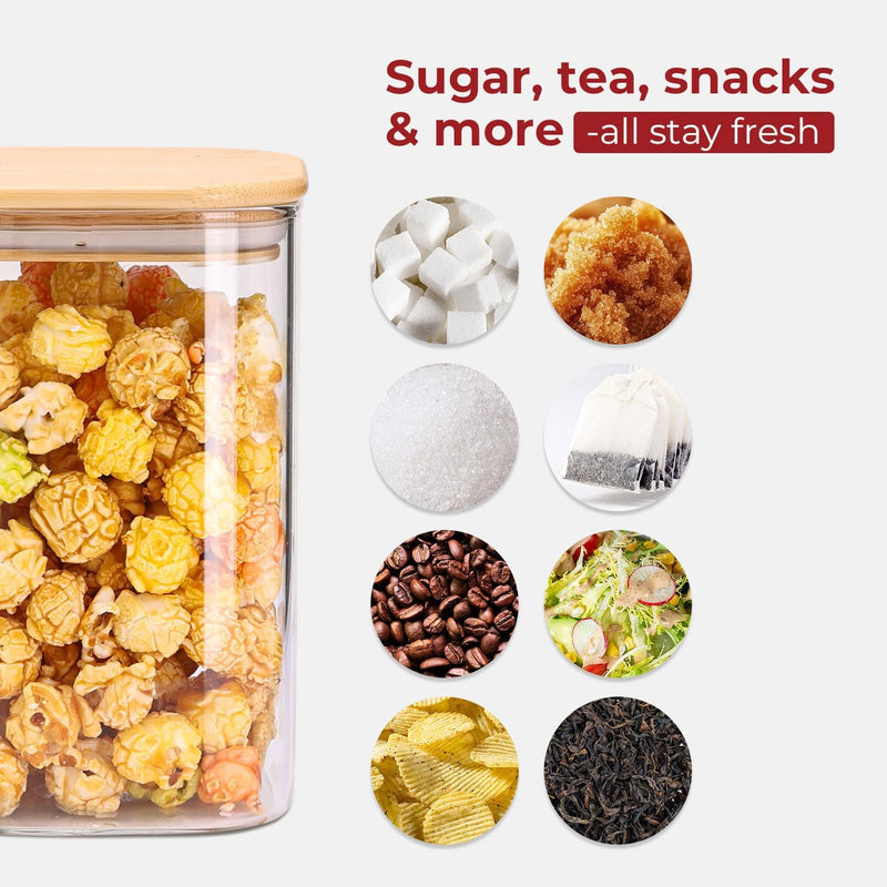 Frascos de armazenamento de vidro com tampa de bambu, recipientes de cozinha herméticos para assar, recipiente de alimentos para especiarias, biscoitos, chá, café e lanches (4 pacotes de 0,6 qt)