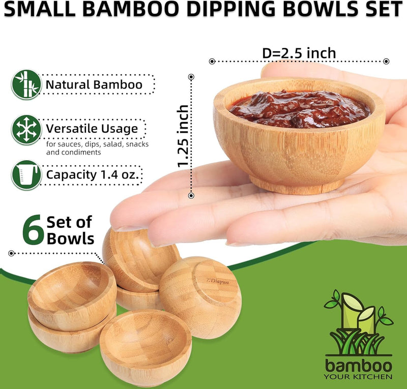 Conjunto de tigelas de mergulho, pequenas tigelas de bambu para molho de soja/condimento/lanches, mini tigelas de servir para tábua de charcutaria para churrasco/entretenimento, ramequins de