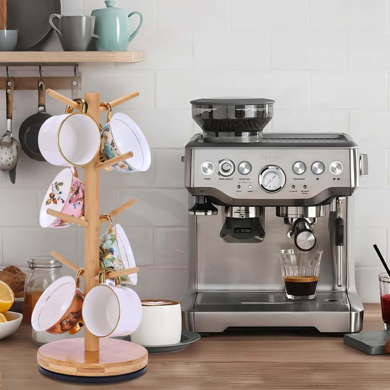 Suporte de caneca de árvore, girado 360° atualizado com 8 ganchos para balcão, suporte de bambu para acessórios de cafeteria