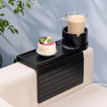 Bandeja de suporte de copo de sofá, bandeja de braço de sofá de bambu com suporte giratório de 360°, bandeja de descanso de braço de sofá dobrável 3 em 1 para controle remoto/lanches/xícaras/bebidas