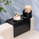 Bandeja de suporte de copo de sofá, bandeja de braço de sofá de bambu com suporte giratório de 360°, bandeja de descanso de braço de sofá dobrável 3 em 1 para controle remoto/lanches/xícaras/bebidas