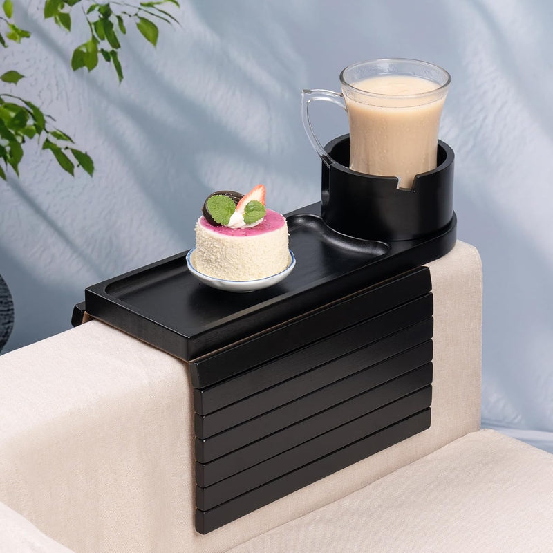 Bandeja de suporte de copo de sofá, bandeja de braço de sofá de bambu com suporte giratório de 360°, bandeja de descanso de braço de sofá dobrável 3 em 1 para controle remoto/lanches/xícaras/bebidas