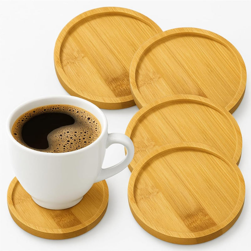Kit 4 Porta Copos Redondos de Bambu | Pires de Madeira 10 cm | Ecológico, Lavável e Durável