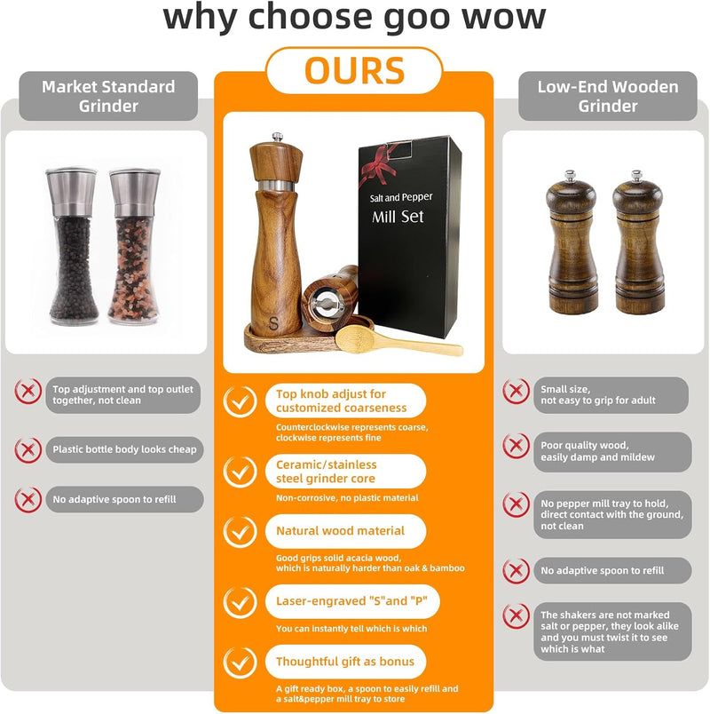 Conjunto de moedor de sal e pimenta de madeira: