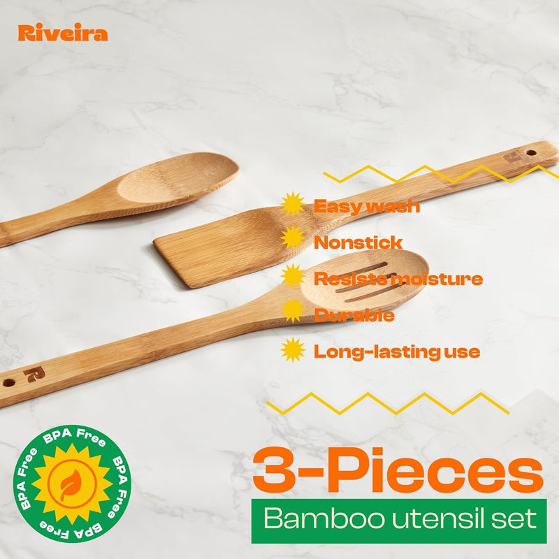 Riveira Colheres de cozinha de bambu com 6 peças – Conjunto de utensílios de cozinha de madeira com colheres de madeira para cozinhar e espátulas, conjuntos de utensílios de madeira – Conjunto de