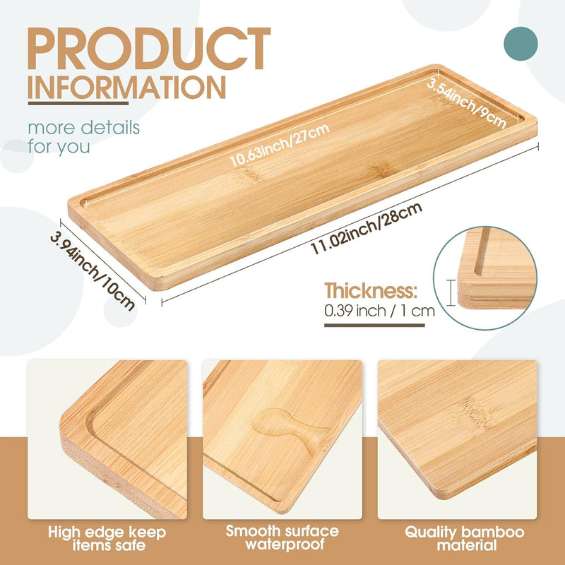 Bamboo Tea Serving Tray 3 Pcs Decorative Multi Use Bathroom Counter Tray with Edges Bamboo Vanity for Dresser Food Coffee Tea Snack Tissues Candles, 11 x 4 Inch(Rectangle Style)