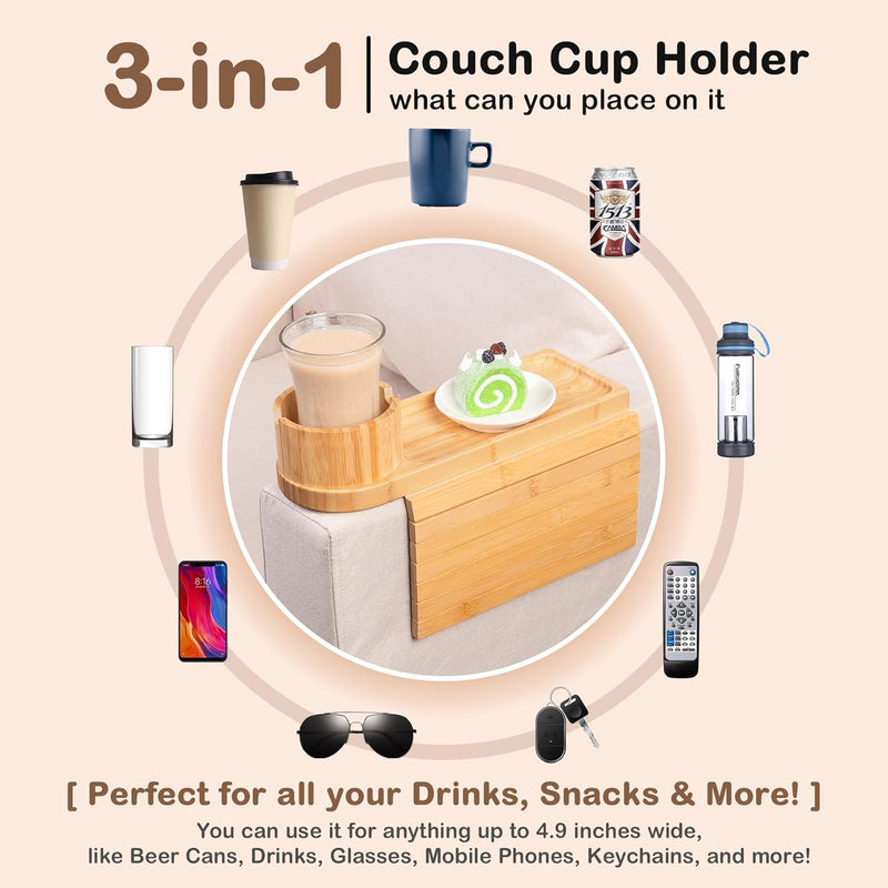 Bandeja de suporte de copo de sofá, bandeja de braço de sofá de bambu com suporte giratório de 360°, bandeja de descanso de braço de sofá dobrável 3 em 1 para controle remoto/lanches/xícaras/bebidas