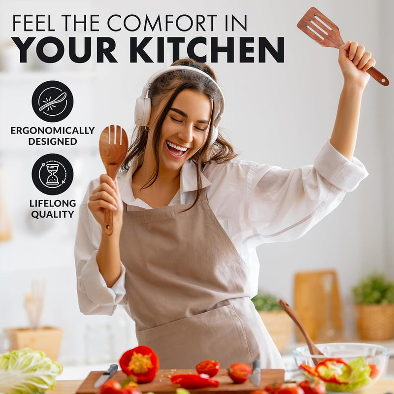 Zulay Kitchen Conjunto de colheres de madeira de 6 peças – Utensílios de teca macios resistentes ao calor com aderência confortável – leve e durável – fácil de limpar, perfeito para panelas