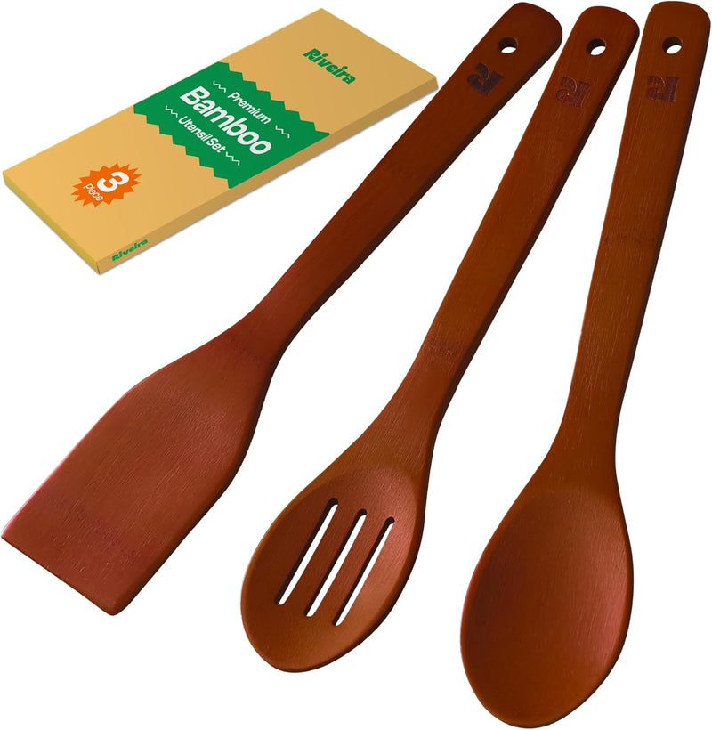 Riveira Colheres de cozinha de bambu com 6 peças – Conjunto de utensílios de cozinha de madeira com colheres de madeira para cozinhar e espátulas, conjuntos de utensílios de madeira – Conjunto de