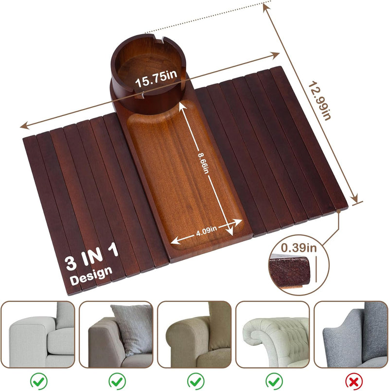 Bandeja de suporte de copo de sofá, bandeja de braço de sofá de bambu com suporte giratório de 360°, bandeja de descanso de braço de sofá dobrável 3 em 1 para controle remoto/lanches/xícaras/bebidas