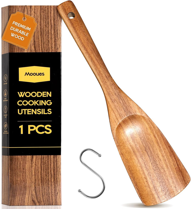 Conjunto de utensílios de cozinha de madeira teca natural de 9 peças com descanso de colher - Suporte de colheres e utensílios de cozinha com aderência confortável