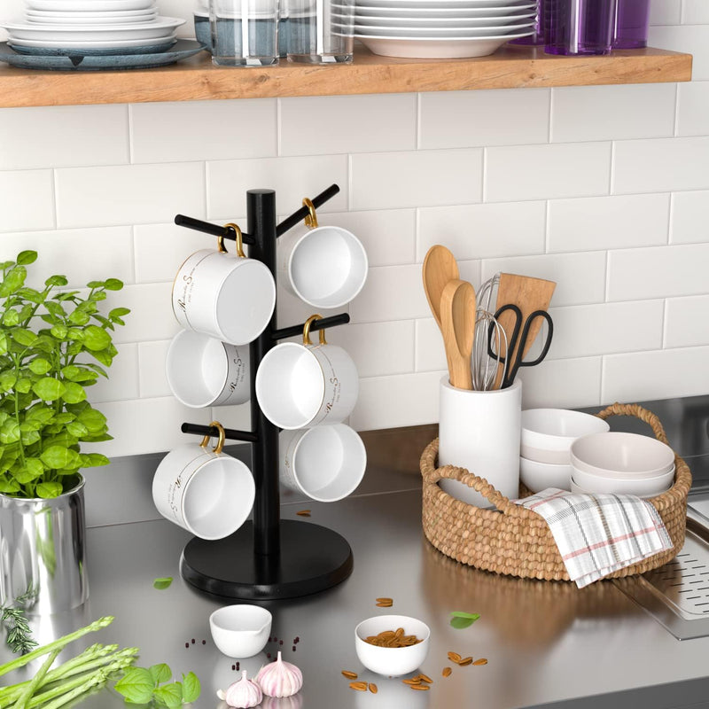 Wisuce Suporte de caneca de café de bambu, base mais grossa, suporte para copo de café, suporte para balcão, suporte para canecas com 6 ganchos (natural)