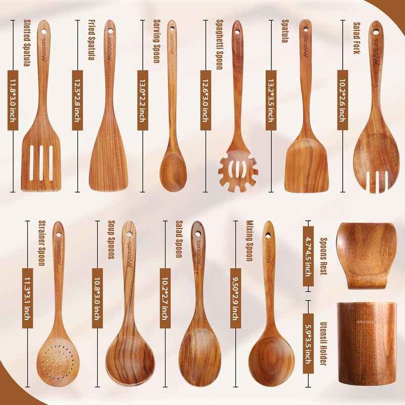 Conjunto de utensílios de cozinha de madeira teca natural de 9 peças com descanso de colher - Suporte de colheres e utensílios de cozinha com aderência confortável